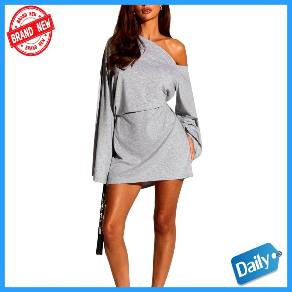 Asymmetrical Mini Dress Off Shoulder Long Sleeve Bodycon Casual Medium